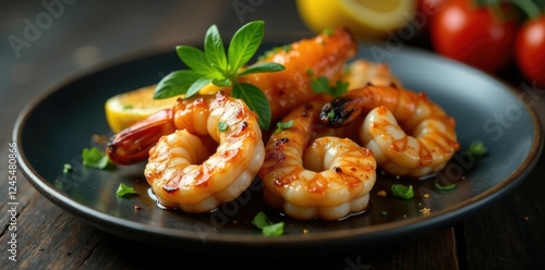 Dark plate with grilled octopus and shrimp in lemon butter sauce, grilled, mediterranean, seafood