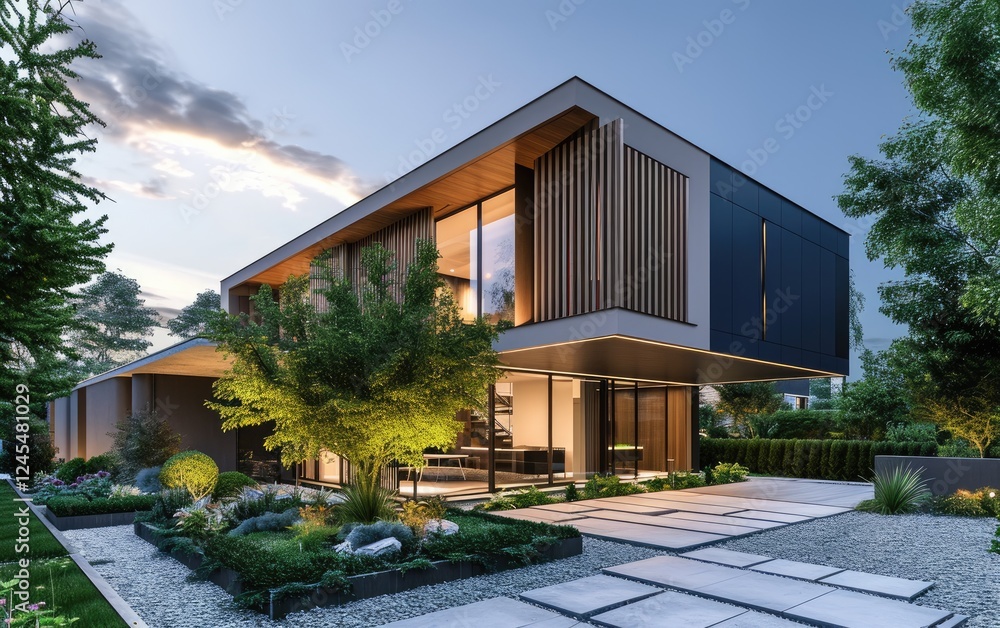 Modern exterior luxurious home with landscaped gardens is shown at dusk.