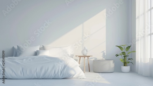 Serene bedroom Interior with a white bed with soft bedding near a small wooden side table, a woven basket and a potted plant bathed in natural sunlight.