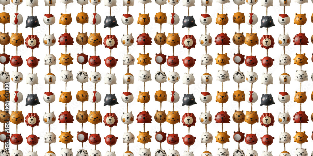 Hanging beads of animal faces with cute expressions on white background Hanging beads of animal faces with cute expressions on white background