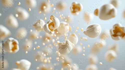 3D popcorn kernels, some unpopped and others in the air, isolated on a neutral background photo