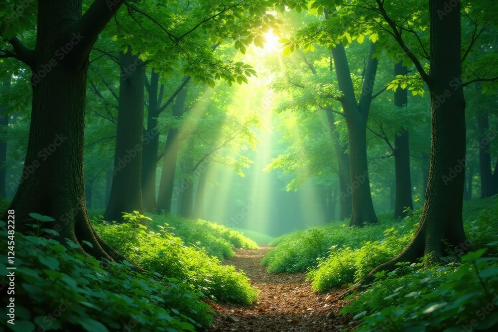 Obraz premium Dappled light filtering through a lush forest, green, forest, natural