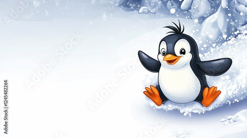 Cartoon penguin illustration with black and white feathers and orange feet on a snowy background photo