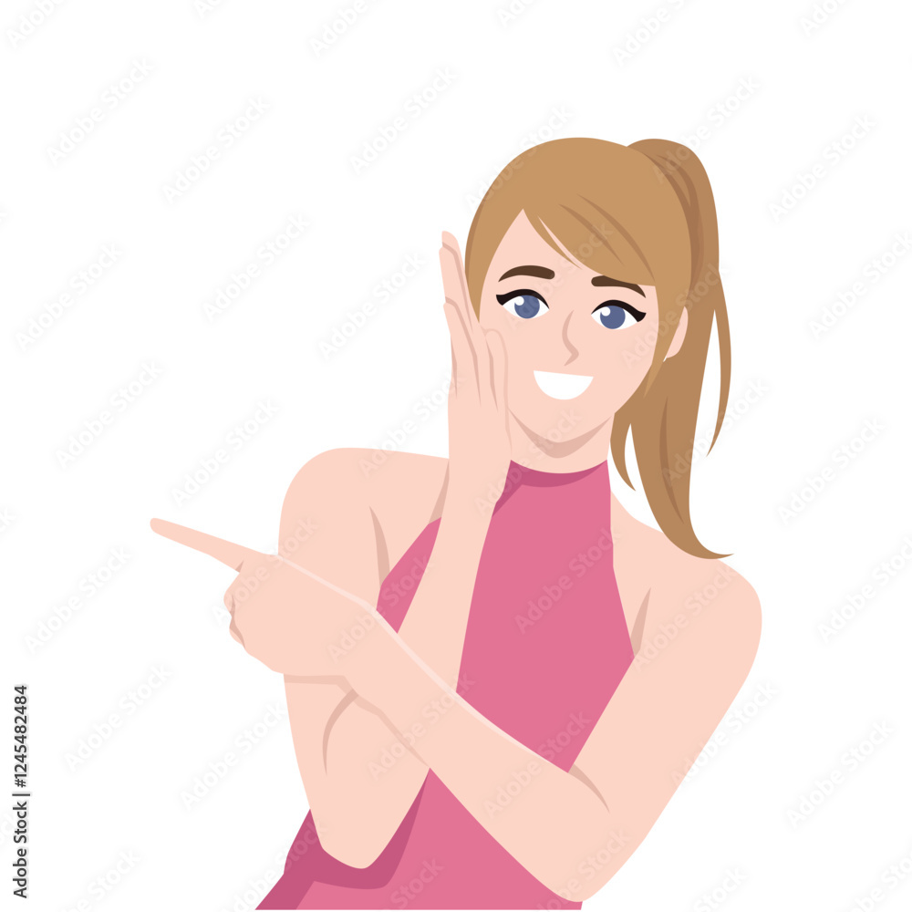 Woman enthusiastically pointing to her left with a gesture of excitement and friendliness. Flat vector character illustration Woman enthusiastically pointing to her left with a gesture of excitement and friendliness. Flat vector character illustration