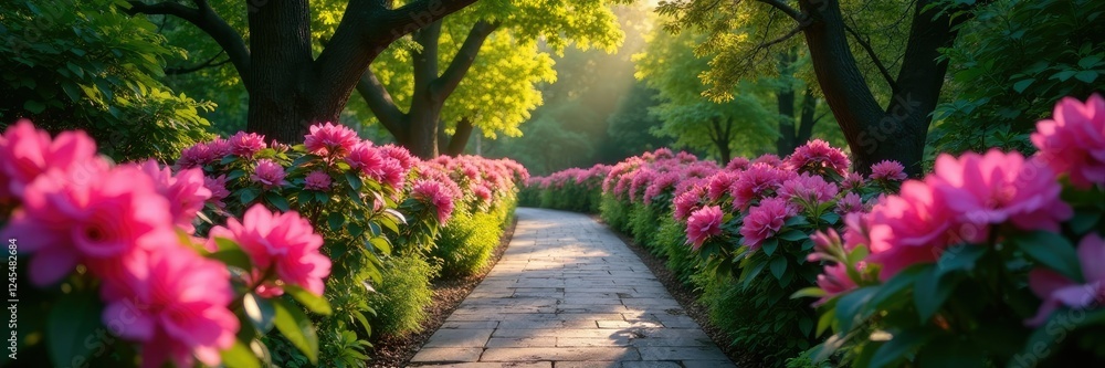Obraz premium A winding path leads to a hidden garden with blooming azaleas, azalea, tranquility, serene