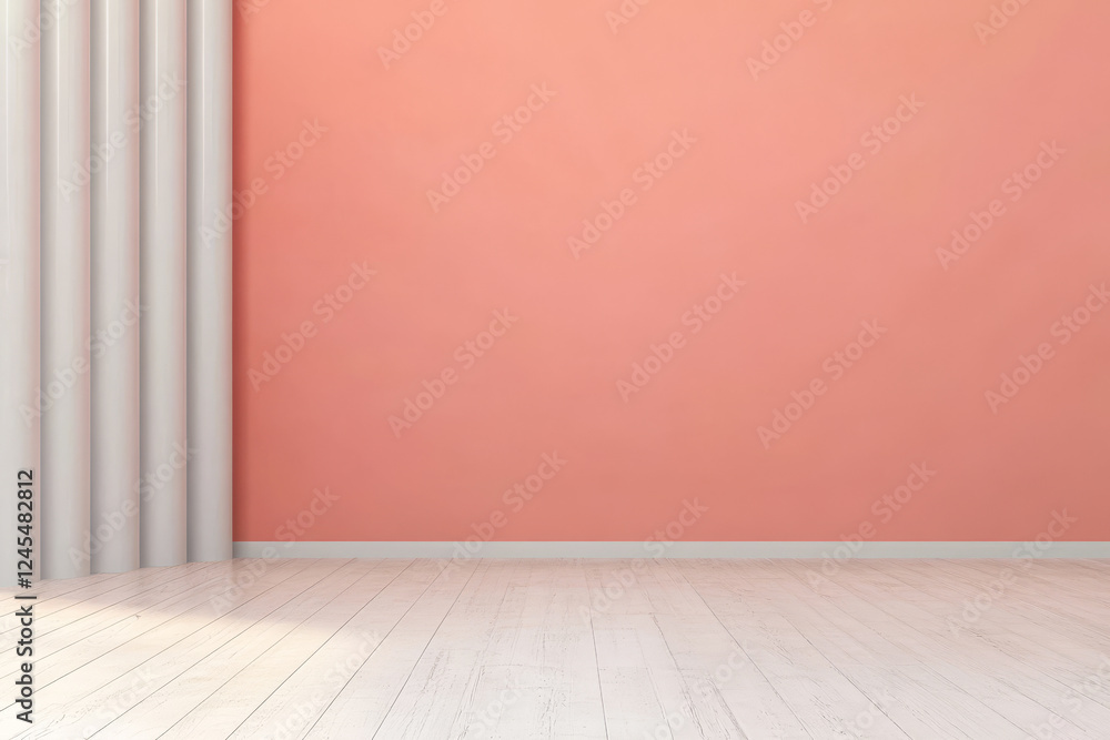 Bright coral wall and drapes complement a clean minimalist interior design space