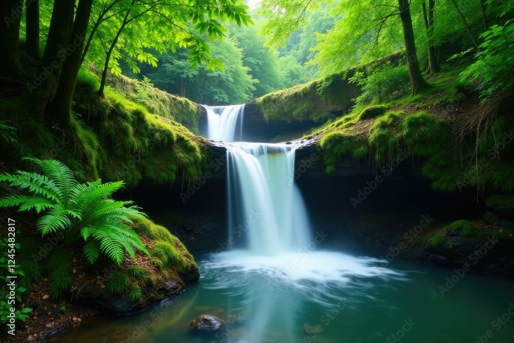A tranquil waterfall cascades through ferns and moss, , foliage, bamboo A tranquil waterfall cascades through ferns and moss, , foliage, bamboo