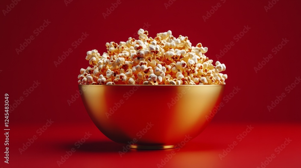 A 3D golden bowl of popcorn, highlighted with soft shadows, isolated on a gradient red background A 3D golden bowl of popcorn, highlighted with soft shadows, isolated on a gradient red background