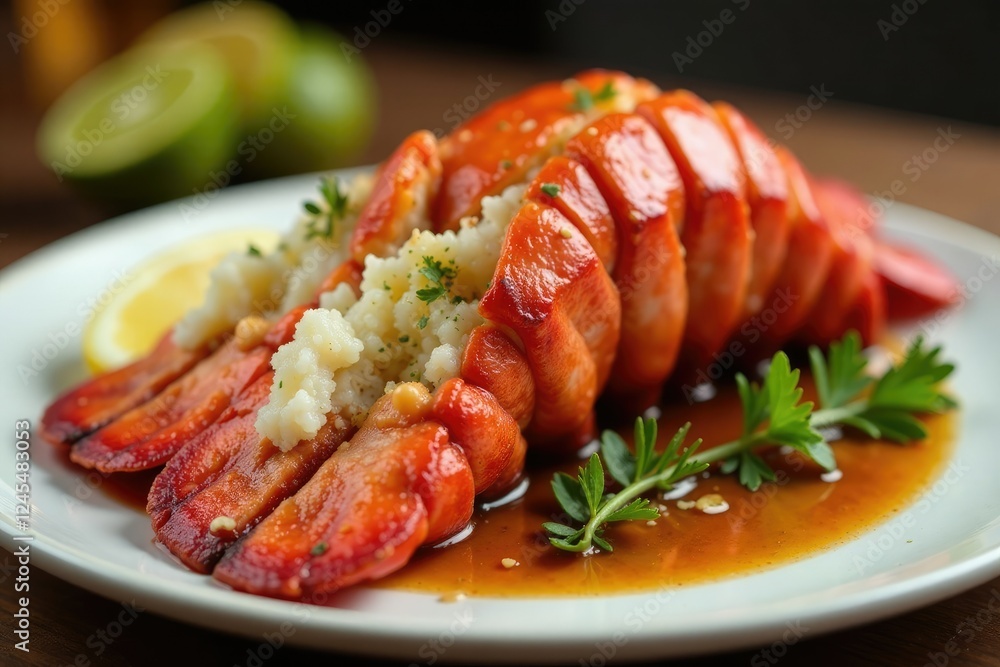 A succulent lobster tail sliced and served on a plate, rich, tender A succulent lobster tail sliced and served on a plate, rich, tender