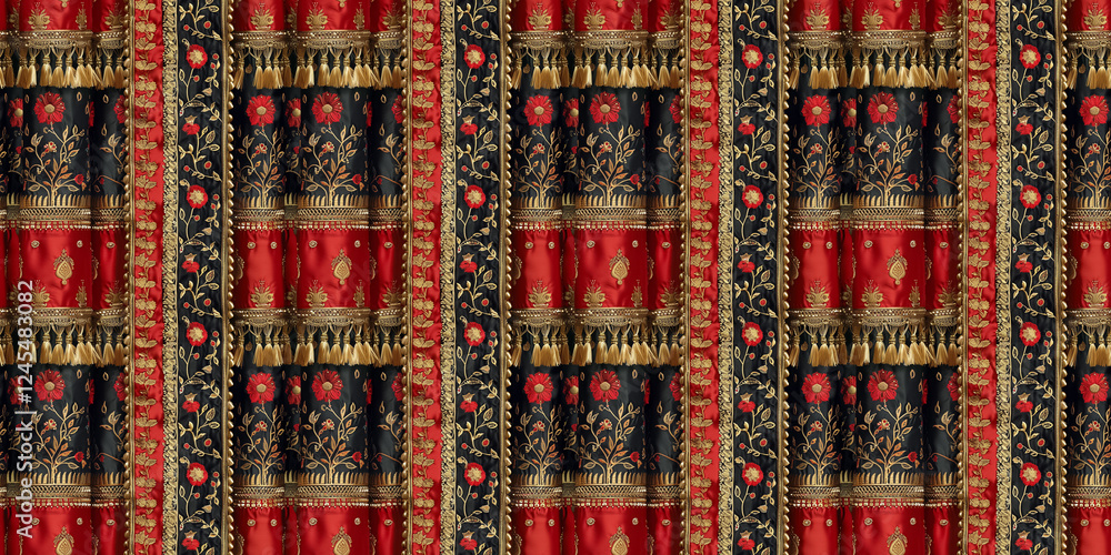 Intricately embroidered red and black fabric with gold tassels and floral patterns Intricately embroidered red and black fabric with gold tassels and floral patterns