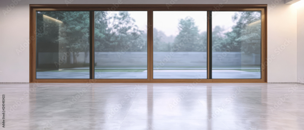 Expansive modern interior with large windows showcasing serene outdoor view at dusk Expansive modern interior with large windows showcasing serene outdoor view at dusk