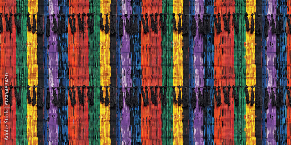 Vibrant multicolored textile with black tassels in vertical stripes pattern Vibrant multicolored textile with black tassels in vertical stripes pattern