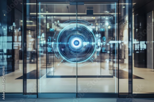 Sleek entrance door displays a futuristic hologram for AI-based retinal scans.