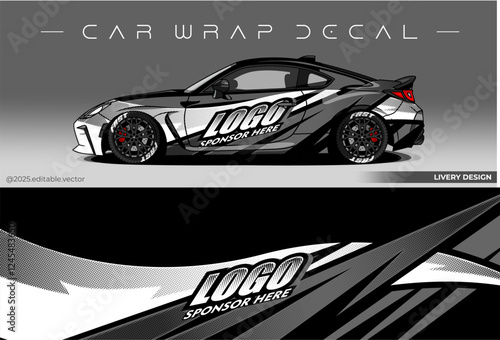 Car wrap abstract design. Black white grey colour. Vector graphic livery decal car. Sticker vinyl suitable for Racing car, Drift, Rally and Daily Use, Editable vector 