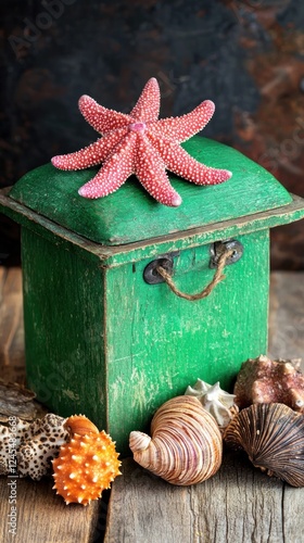 Pink starfish on green box with seashells, coastal background, nautical decor photo