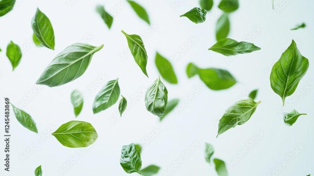 Fresh basil leaves in air on white background Fresh basil leaves in air on white background