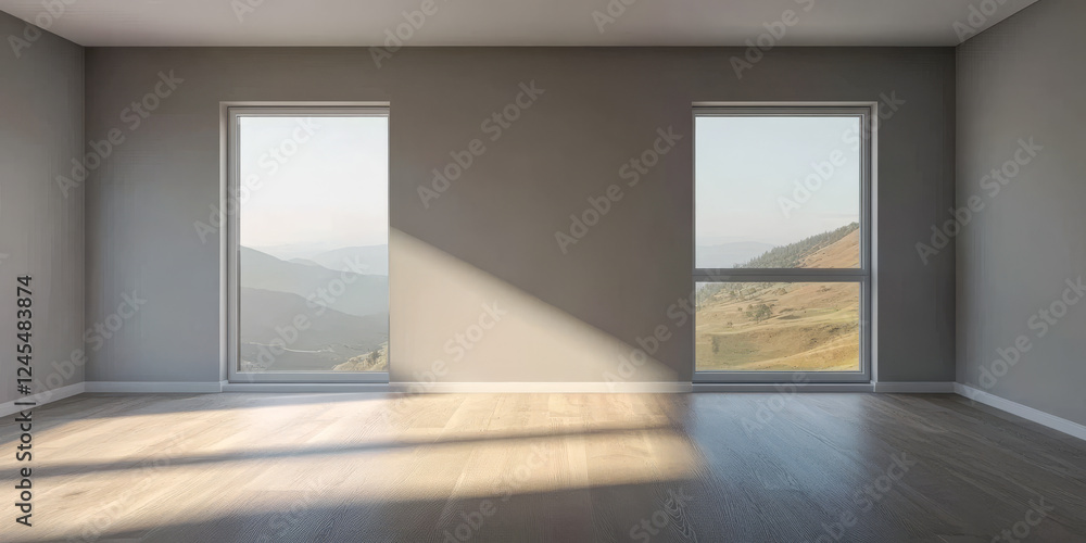 Fototapeta premium Minimalist interior with large windows showcasing mountain view in bright atmosphere