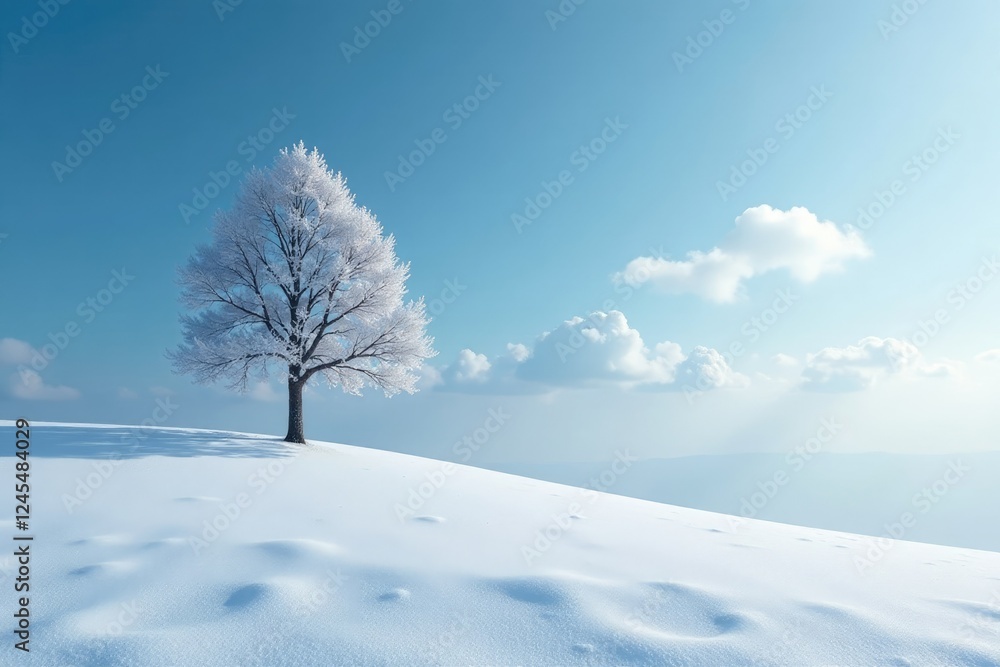 A single tree pierced through the snowy horizon, serenity now, peaceful atmosphere A single tree pierced through the snowy horizon, serenity now, peaceful atmosphere