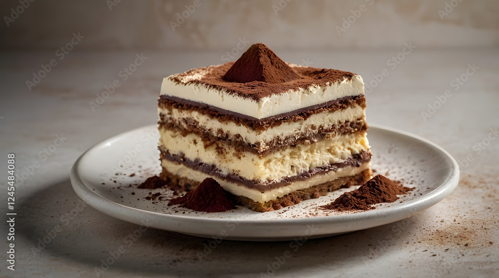 Tiramisu cake on white plate with cocoa powder. Perfect for food blogs, restaurant menus, dessert recipes, and promotional materials Tiramisu cake on white plate with cocoa powder. Perfect for food blogs, restaurant menus, dessert recipes, and promotional materials