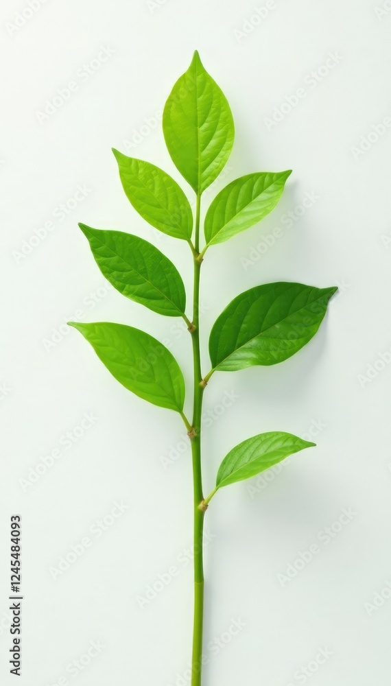 Fototapeta premium A single stem with leaves isolated on a white background, solitary, foliage, verdant
