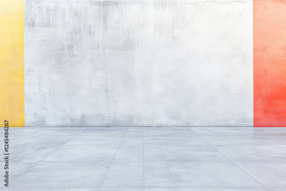 Fototapeta premium Brightly colored walls complemented by a smooth concrete floor in an empty space