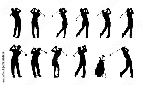 golfer silhouette, dynamic poses of golfers showcasing various swings, perfect for sports design, event promotion, and instructional content. Clear depiction of movement, technique, golfing prowess