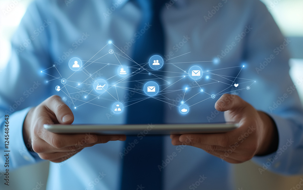 businessman touching digital tablet with social network businessman touching digital tablet with social network