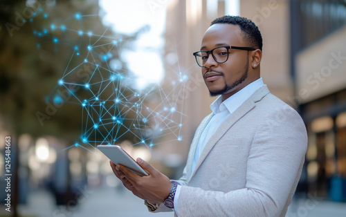 business man using a tablet with digital icons