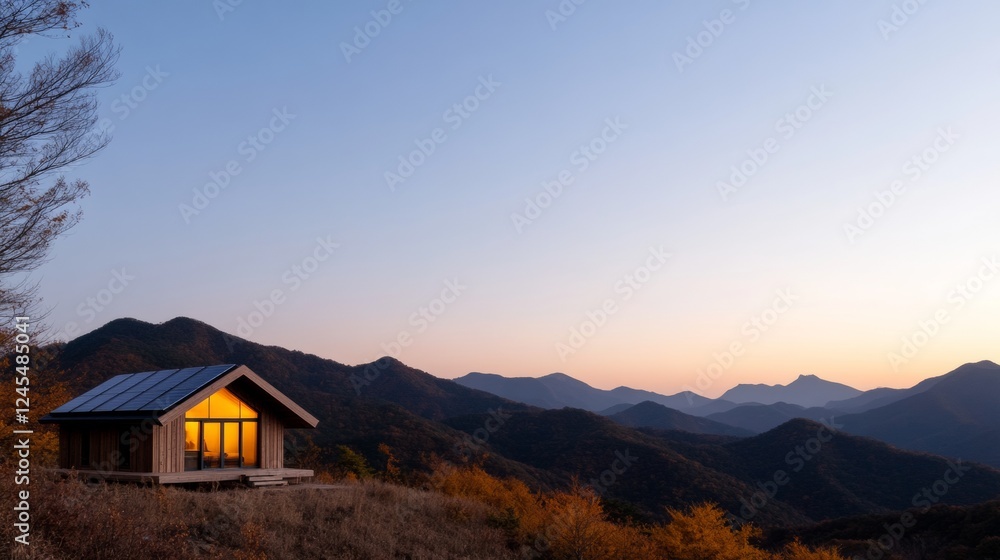 Fototapeta premium Serene Eco Cabin Retreat Sustainable Glamping in South Korean Mountains with Solar-Powered Wooden Design for Nature-Inspired Wellness Getaways and Green Tourism Experiences