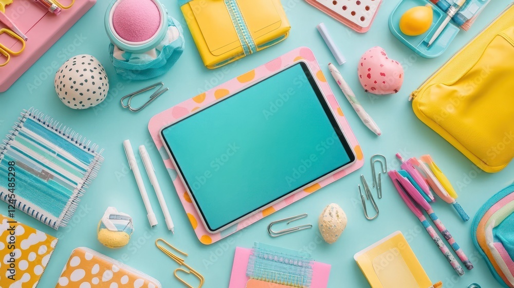 Flatlay of pastel stationery & tablet. Flatlay of pastel stationery & tablet.