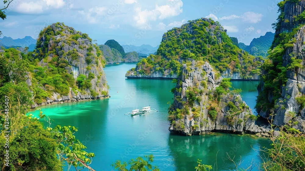 Fototapeta premium A captivating scenic coastal lagoon embraced by lush green cliffs and filled with crystal clear water. The lagoon presents a harmonious blend of natural beauty, with the verdant cliffs and transparent