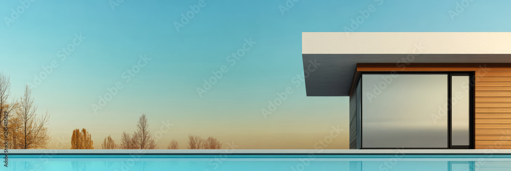 Fototapeta premium Modern architecture features minimalistic house beside a serene swimming pool at sunset
