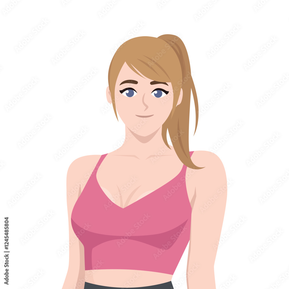 Woman with a ponytail wearing a pink crop top. Confident Woman in Activewear. Flat vector character illustration Woman with a ponytail wearing a pink crop top. Confident Woman in Activewear. Flat vector character illustration