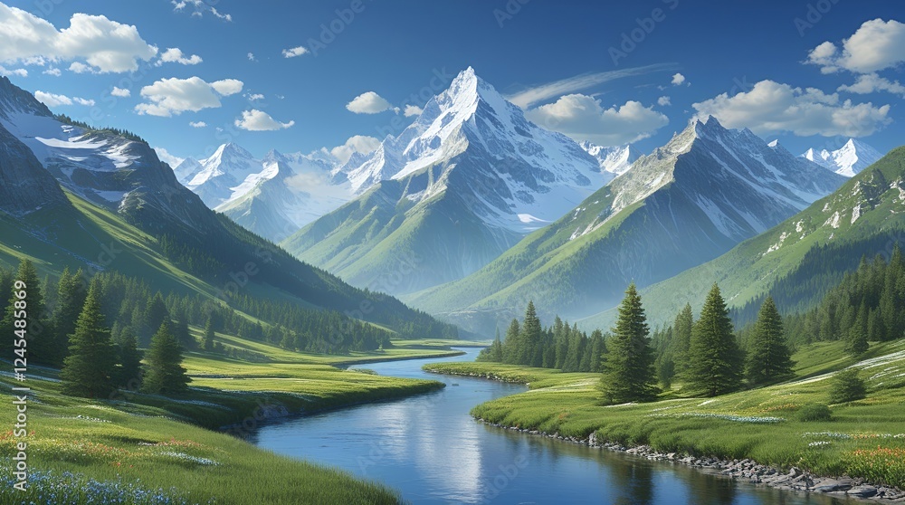 Fototapeta premium Realistic Mountain Landscape with Clear Blue Sky
