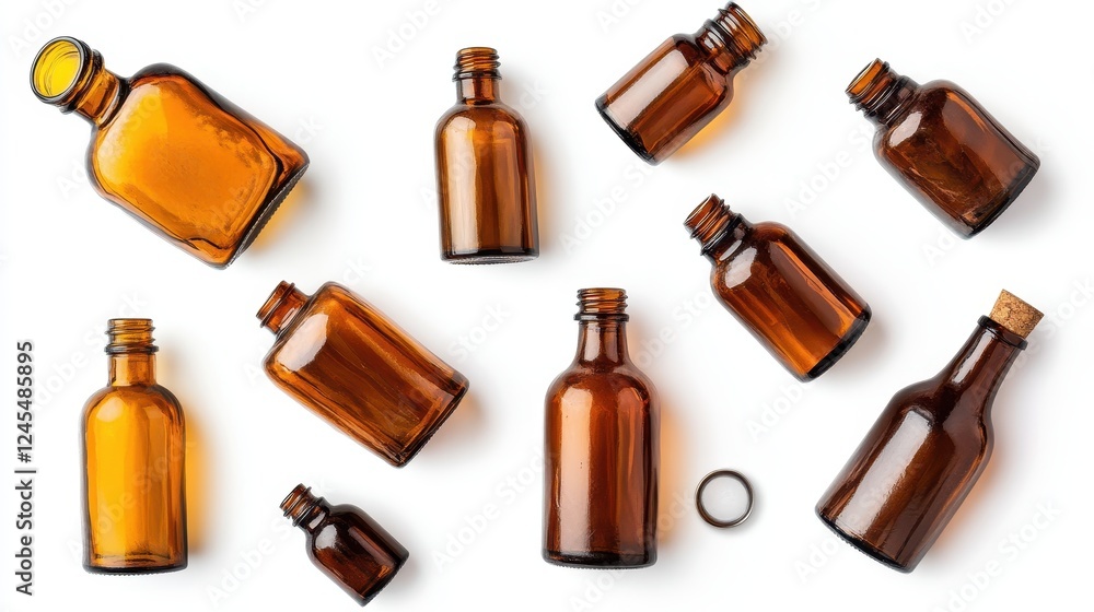 various amber glass bottles for cosmetics, natural medicine , essential oils or other liquids isolated on a white background, top view various amber glass bottles for cosmetics, natural medicine , essential oils or other liquids isolated on a white background, top view