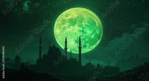 Enchanting Moonlit Mosque with Majestic Crescent and Starry Sky