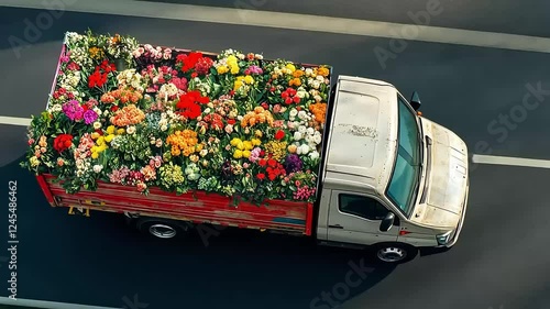 Vibrant floral truck journey: aerial view of flower cargo in motion on a sunny highway