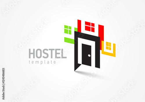 Hostel Logo Vector Template Emblem. Silhouette Door and Windows
