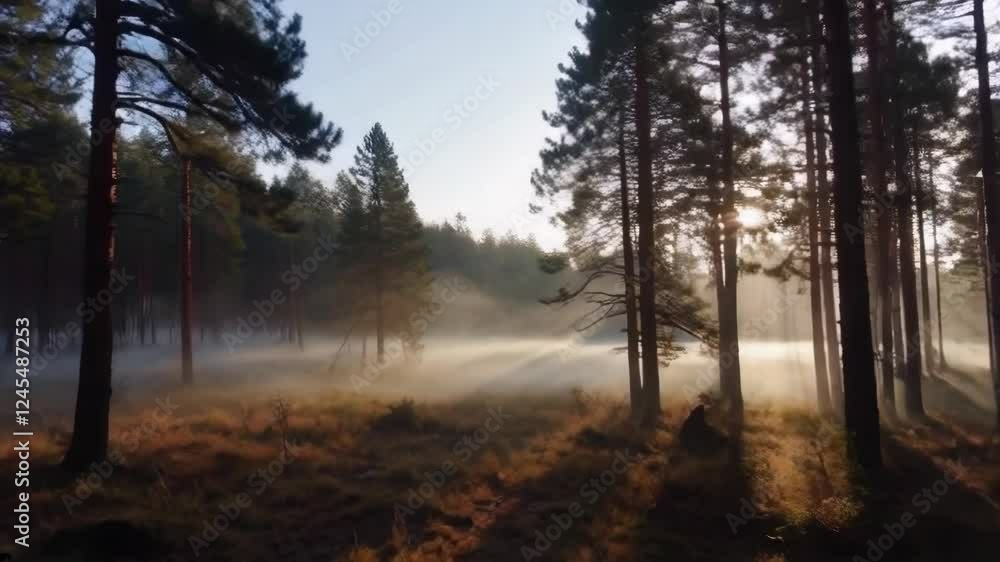 A forest with foggy mist and trees in the background. The sun is shining through the trees, creating a peaceful and serene atmosphere A forest with foggy mist and trees in the background. The sun is shining through the trees, creating a peaceful and serene atmosphere