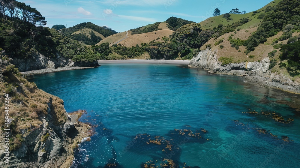 A captivating scenic coastal lagoon embraced by lush green cliffs and filled with crystal clear water. The lagoon presents a harmonious blend of natural beauty, with the verdant cliffs and transparent