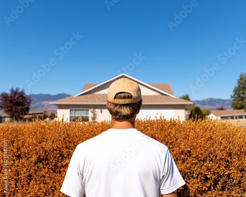 Modern Fire Safety Young Man Clearing Dry Brush for Home Defense Against Wildfires in Suburban Setting - Sustainable Practices for Community Wellbeing and Environmental Protection