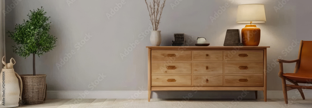 Modern living room setup with wooden furniture and decorative elements in bright interior Modern living room setup with wooden furniture and decorative elements in bright interior