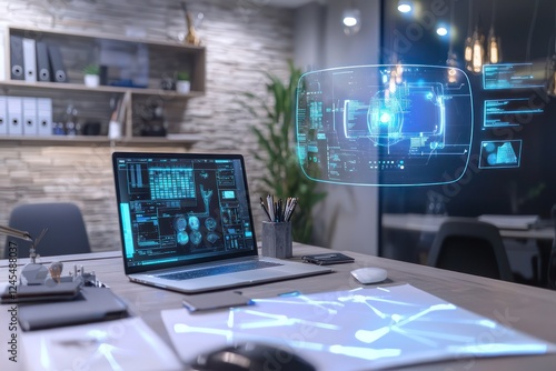 Digital layouts critiqued through AI-driven holographic displays in a smart office.