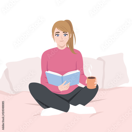 Woman sits comfortably on a bed, enjoying a good book and a warm cup of coffee. Flat vector character illustration