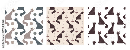 Set of seamless patterns with funny cats. Repeat textures for textile or wrapping paper with pets. Cute domestic animal wallpaper.