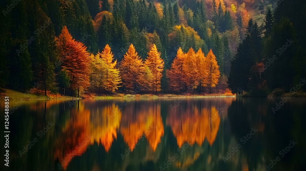 Naklejka premium Vibrant autumn landscape, serene lake reflecting orange trees, peaceful nature setting, perfect for relaxation or inspiration.