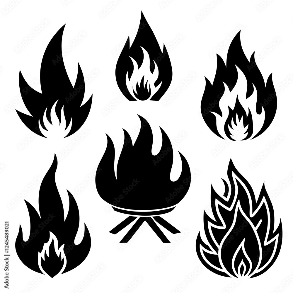 Fire icon collection, Fire flame symbol, Bonfire silhouette logotype, Flames symbols set flat style - stock vector, Silhouette vector illustration Fire icon collection, Fire flame symbol, Bonfire silhouette logotype, Flames symbols set flat style - stock vector, Silhouette vector illustration