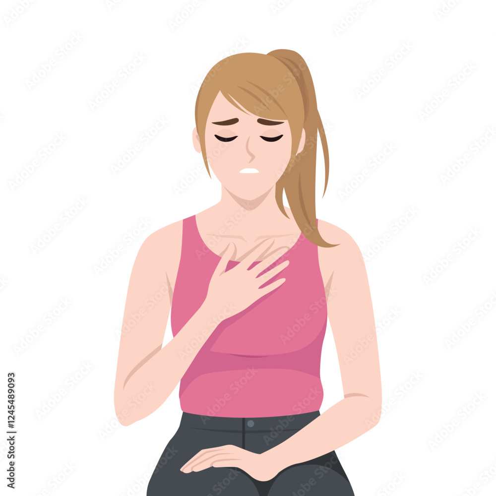Woman clutches her chest with a pained expression, indicating heart related issues. Flat vector character illustration Woman clutches her chest with a pained expression, indicating heart related issues. Flat vector character illustration