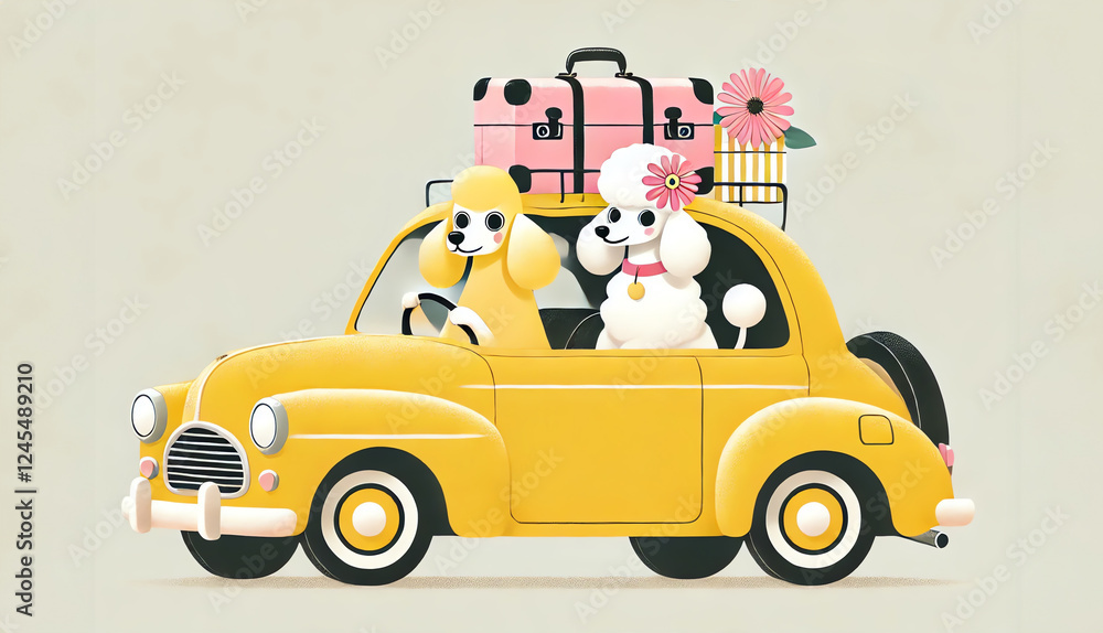 Naklejka premium A yellow vintage car with two poodles inside, one driving and the other sitting in the back seat