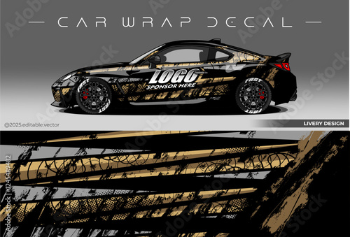 Car wrap abstract design. Black gold colour. Vector graphic livery decal car. Sticker vinyl suitable for Racing car, Drift, Rally and Daily Use, Editable vector 